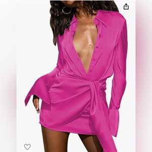 Women's Sexy Long Sleeve V Neck Button Tie Waist Bodycon Satin Wrap Mini Dress